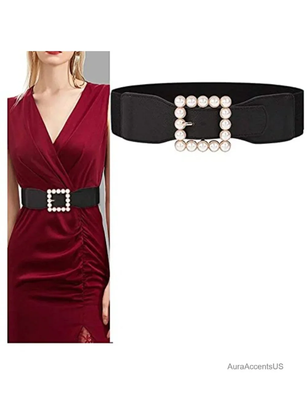 Wide Elastic Stretch Rhinestone Square Buckle Belt for Women Dresses Party